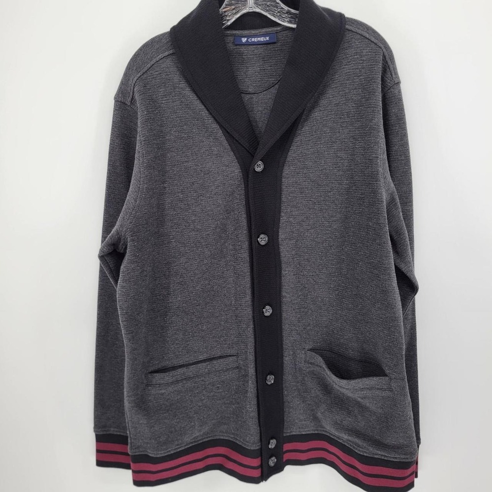 Cremieux Mens Shawl Collar Cardigan Sweater Gray Black Striped Large